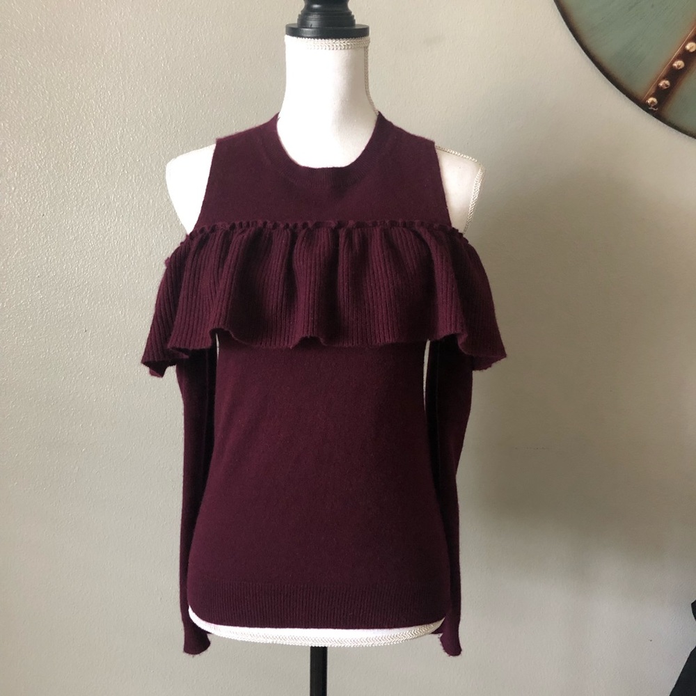 Aqua cashmere cold shoulder ruffle sweater